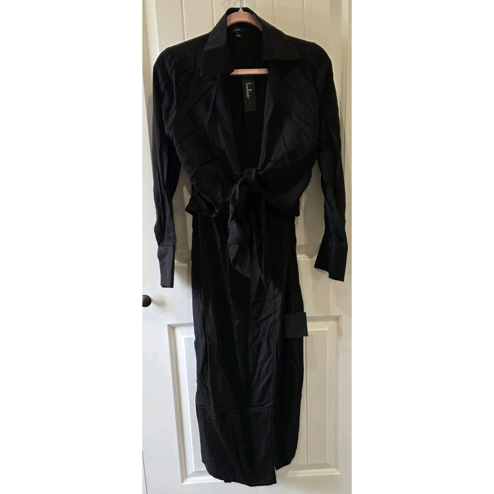 Lulu's Long Story Shirt Black Long Sleeve Tie-Front Midi Dress Size Small NWT$59 - Picture 3 of 8